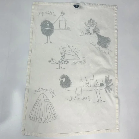 IKEA Tea Towel Quirky Illustration Bird Creatures Print White Black Oppna Stanga - Picture 4 of 12
